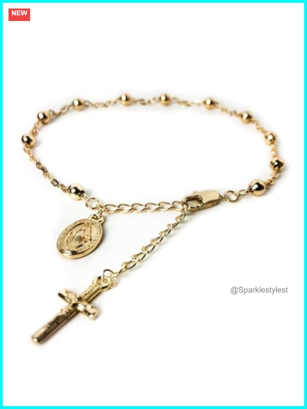 14K Gold Plated Catholic Rosary Bracelet Adjustable Cross Charm